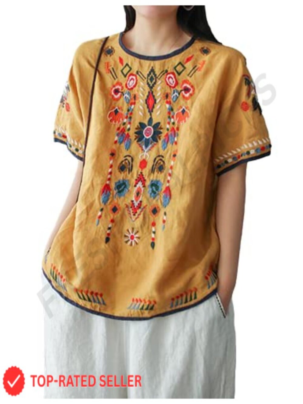 Cotton Linen Embroidered Short Sleeve Boho Tunic Top Loose Fit